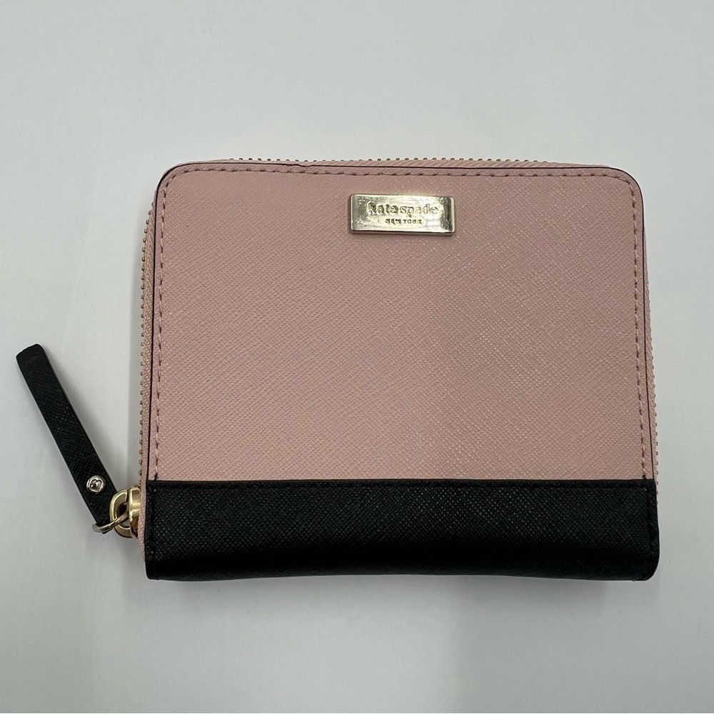 Kate Spade New York Small Zip Around Wallet Pink Black Saffiano Leather NWOT
